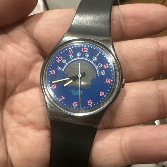 Working 1990 Rare Swatch swiss‎ Watch Blue Dial35mm Black Band Fancy Fit 7.5in